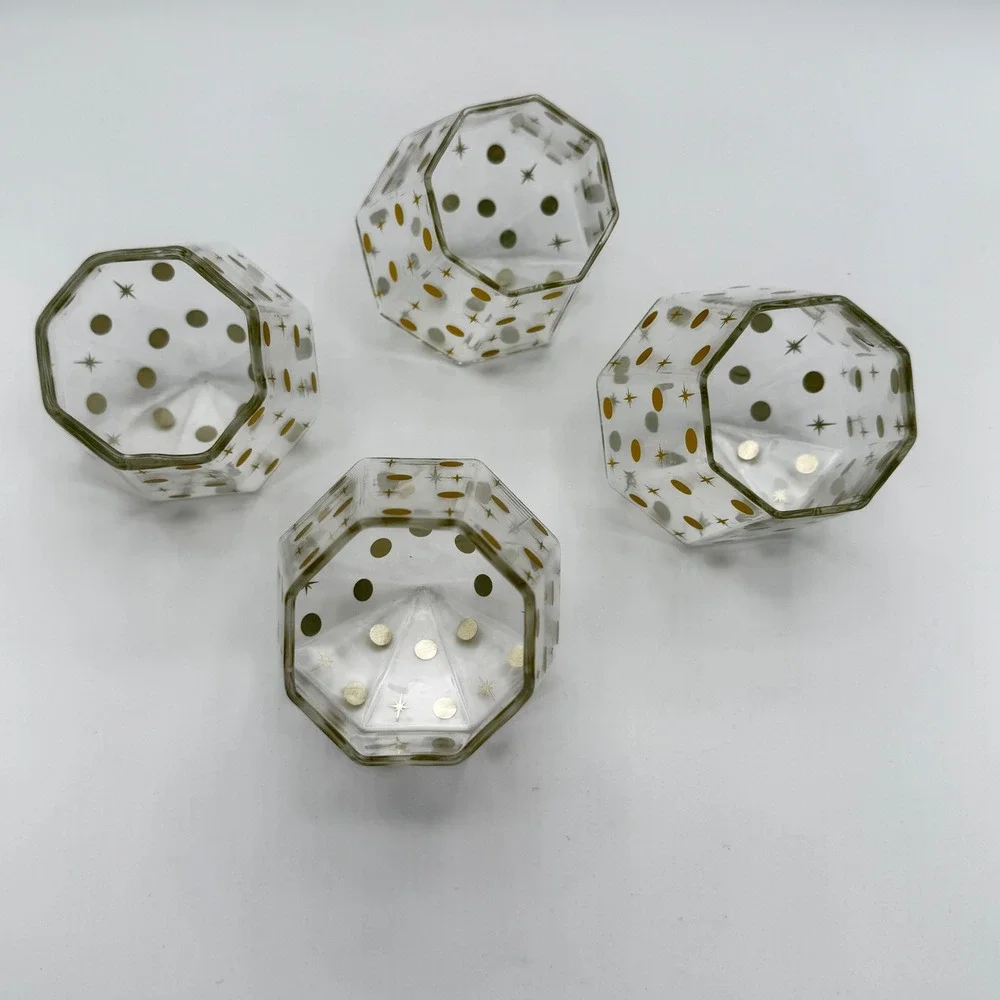 Chic and Tonic Faceted Glass Diamond Tumbler Set 4pc Gold Starburst Mid-Century‎